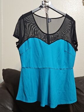 torrid Turquoise Peplum Top with Black Mesh Yoke